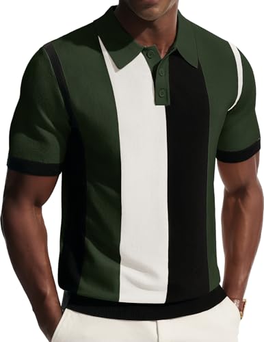 PJ PAUL JONES Knit Polo Shirts for Men Short Sleeve Retro Stripe Polo 70s Casual Golf Shirt Summer Beach Tops Green M