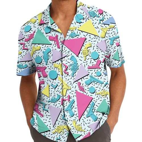 ACEPrints Retro Colorful Gun Hawaiian Shirts for Men Casual Bowling Shirt Mens Hawaiian Shirts Short Sleeve Button Down Shirt Men