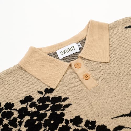 OXKNIT Men's Knit Short Sleeve Shirts 1960s Vintage Bird and Plant Pattern Khaki Cotton Polo Shirt with Quarter Button