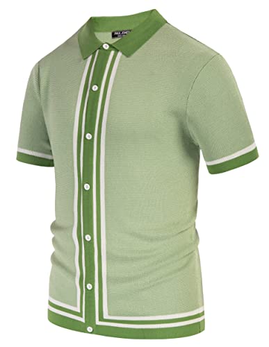 Mens Vintage Polo Shirts Short Sleeve Collared Button Rockabilly Shirts Green M