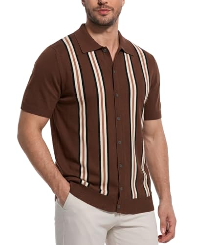 Mens Vintage Knit Shirts – 70s Short Sleeve Polo Shirts for Men – Retro Knit Button Down Shirt – Old Money Clothes Men Coffee Brown