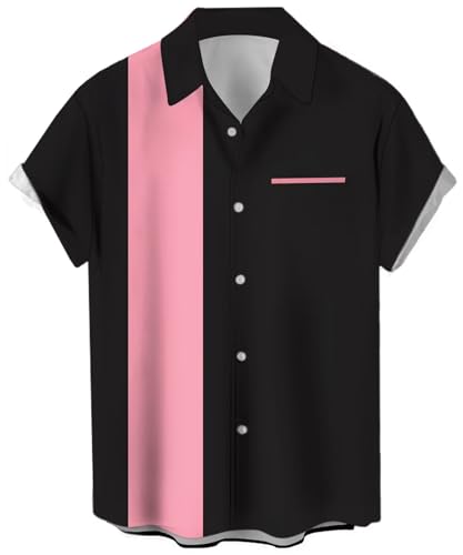Men's Vintage Bowling Shirt 1950s Retro Short Sleeve Button Down Black and Pink Shirts