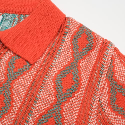 OXKNIT Men's Polo Shirts 60s Vintage Shirts Knitted Retro Polo Shirts Short Sleeve V-Neck Summer Shirt Grey-red