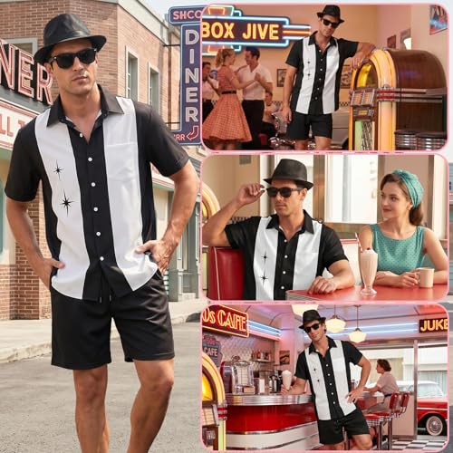 WILDPARTY Men's Matching Set, 1950s Retro Bowling Shirt and Shorts With Hat Glasses Vacation Beach Party Outfit Summer