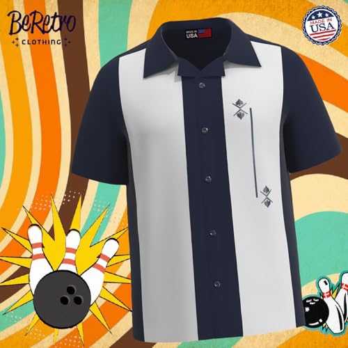 USA Made Lucky Paradise Mens Camp Shirt, Gauyabera Vintage Cuban Style Bowling Shirt Navy, White Button Up Retro Blue Ice