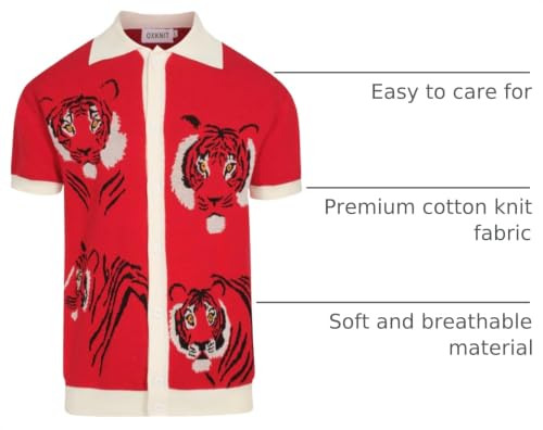 OXKNIT Men's Knitted Vintage Polo Shirt, 1960s Mod Style Retro Polo Animal Pattern Shirt Cardigan with Button, Red