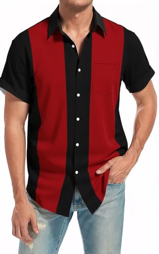 QIVICIMA Mens Flamingo Color Block Bowling Shirt, Black Red, L