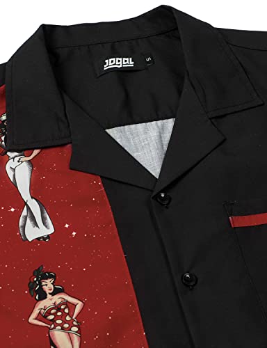 JOGAL Men's Bowling 50s Rockabilly Button Down Shirt Black Red X-Large