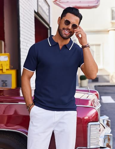 COOFANDY Mens Collared Shirts Short Sleeve Polo Shirts for Men Basic Fashion Retro 70S Shirt Navy Blue