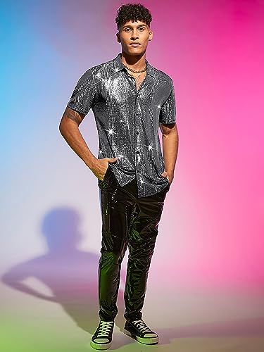 WDIRARA Men's 70s Sparkly Disco Top Crocodile Pattern Metallic Rave Shirt