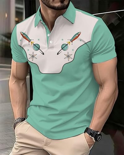 COOLLYME Retro Space Rocket Polo Shirt, Green and Beige, Short Sleeve, Polyester, Atomic Design, Regular Fit