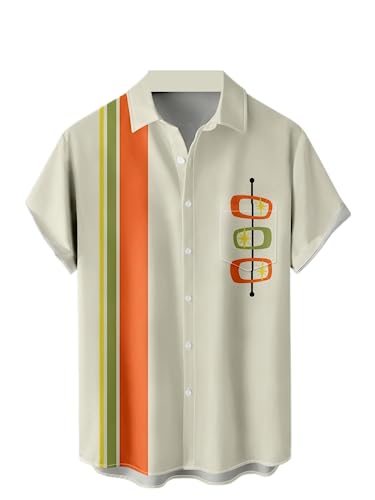 Men's Vintage Bowling Shirt 1950s Retro Short Sleeve Geometric Stripes Color Block Print Button Down Shirts