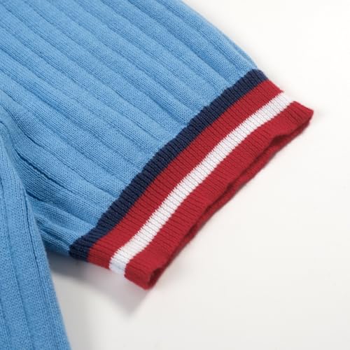 OXKNIT Men's Knit Short Sleeve Shirts 1960s Retro Stripes Knitted Polo Shirt Blue Cotton Polo Shirt with Quarter Button