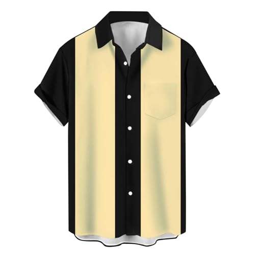 Men's Retro Bowling Shirts Hawaiian Beach Shirt Vintage Printed Chest Pocket Shirt Short Sleeve Casual Button Down(Yellow, XL)