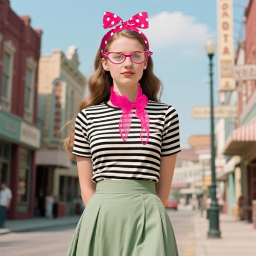 Sdfvsdg 50s Set 50's Costume Accessories Chiffon Scarf Cat Eye Glasses Bandana Tie Headband Earrings for Cosplay Party