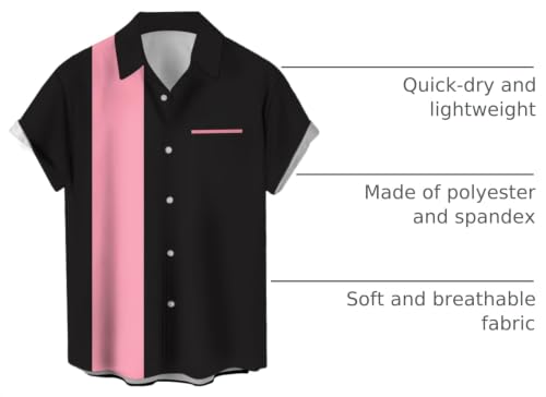 Men's Vintage Bowling Shirt 1950s Retro Short Sleeve Button Down Black and Pink Shirts