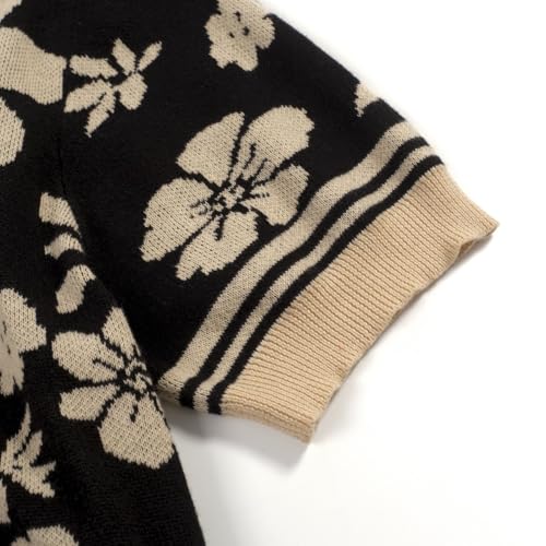 OXKNIT Men's Knit Short Sleeve Shirts Button Down Vintage Florals Plants Pattern Knitted Polo Shirt Black Apricot Polo