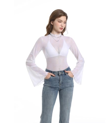 Durio Disco Outfits 70's Bell Sleeve Top for Women Vintage 70s Shirts Mock Neck Sleeve Top Sheer Mesh Long Sleeve Tops for Women Crop Top T Shirt Vintage Geometric Medium