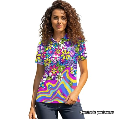 POLERO 70s Women's Golf Shirts Hippie Floral Workout Tops for Women Short Sleeve Collared Tennis Wear Moisture Wicking Groovy Retro Activewear Size L