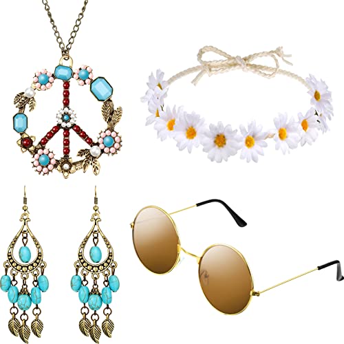 Hicarer 4 Pcs 70s Hippie Accessories for Women Party Costume,White