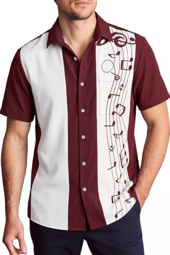 KYKU Mens Retro Bowling Shirts 50s Costume Men Shirt Short Sleeve Button Up Casual Wine Red 3X-Large