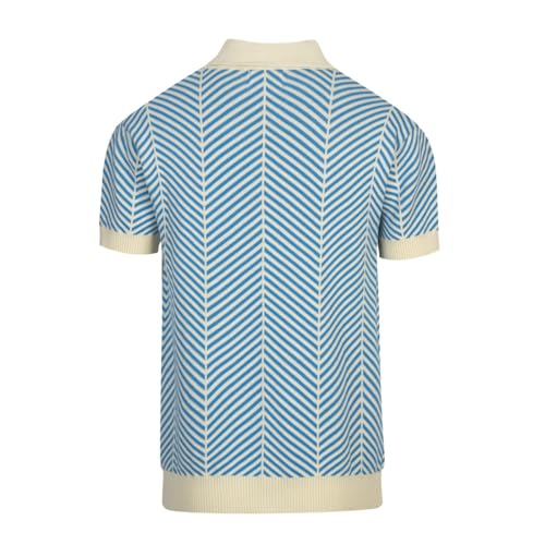 OXKNIT Men's Knit Short Sleeve Shirts 1960s Vintage Blue Stripes Knitted Polo Shirt Beige V-Neck Cotton Polo Knitwear