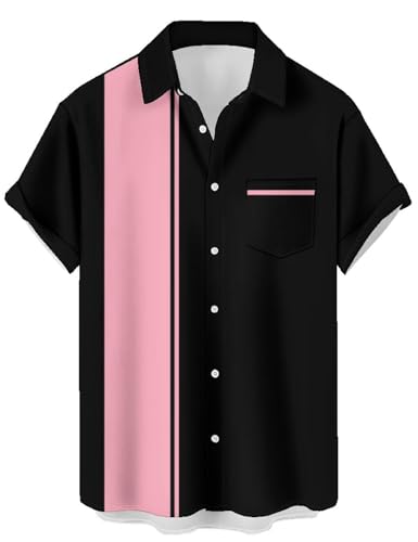 Lzzidou Men’s Retro Bowling Shirt – Short Sleeve Button Down 1950s Rockabilly Style Vintage Vertical Stripe Camp Collar Hawaiian Summer Beach Party Holiday Club Top