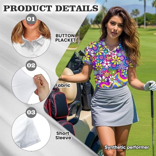 POLERO 70s Women's Golf Shirts Hippie Floral Workout Tops for Women Short Sleeve Collared Tennis Wear Moisture Wicking Groovy Retro Activewear Size L