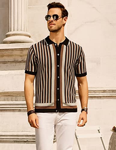 Old Men Striped Knit Polo Shirts Regular Fit 1970s Retro Shirt Casual Collared Italian Stylish Polos Short Sleeve Tops Black-Coffe