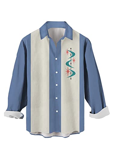 Bowling Shirt for Men Retro Long Sleeve Button Down Shirts Geometric Stripe Print Fall Camp Tops