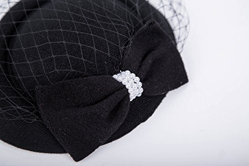Fascinators Hats 20s 50s Hat Pillbox Hat Cocktail Tea Party Headwear with Veil for Girls and Women(C-Black)