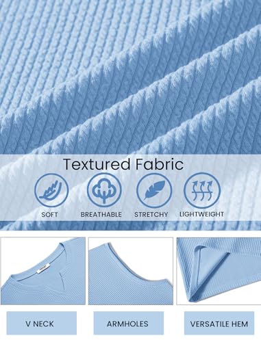 COOFANDY Men's Vintage Crochet Tank Top V Neck Sleeveless Knitwear Textured Summer Retro 70s Outfit, Light Blue, Medium