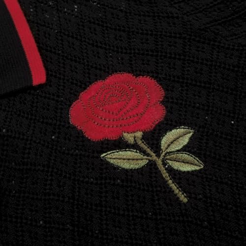 OXKNIT Men's Knit Short Sleeve Shirts Vintage Embroidery Rose Pattern Knitted Polo Shirt Black V-Neck Mesh Cotton Polo