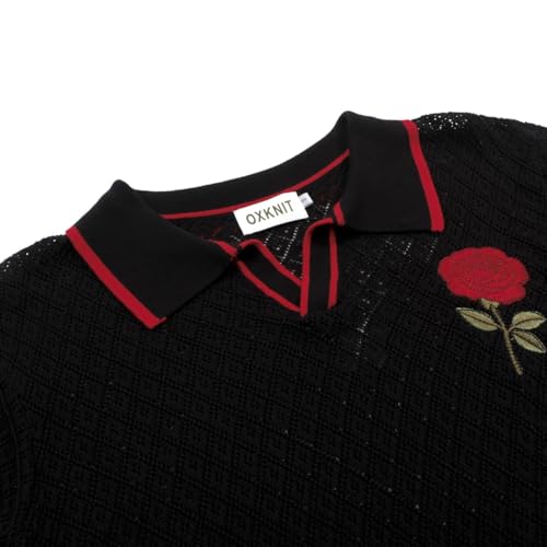 OXKNIT Men's Knit Short Sleeve Shirts Vintage Embroidery Rose Pattern Knitted Polo Shirt Black V-Neck Mesh Cotton Polo