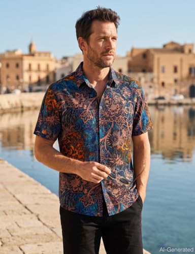 TIXMIE Mens Hawaiian Shirts Casual Short Sleeve Button Down Retro Shirts