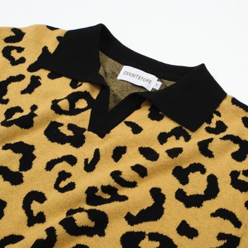 OXKNIT Men's Retro Polo Shirts 1960s Mod Style Vintage Shirts Knitted Polo Shirts V-Neck Leopard Shirt