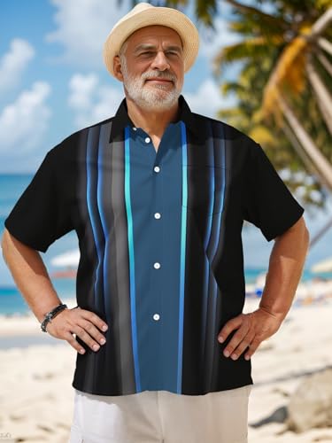 QIVICIMA Men's Big and Tall Retro Bowling Shirt Blue Black Stripe 6XL