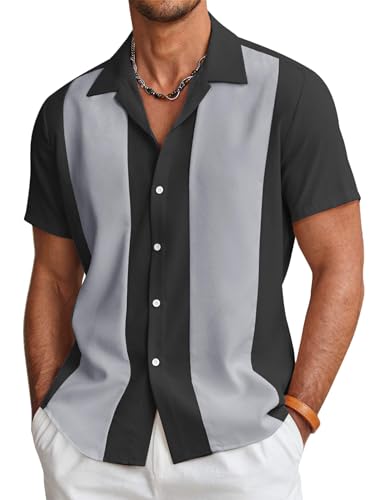 COOFANDY Men's Retro 50s Bowling Shirts Casual Button Down Short Sleeve Hawaiian Shirts Black Dark Gray