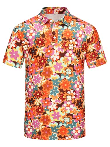 70s Outfits for Men Short Sleeve Mens 70s Disco Hippie Floral Shirt Retro Costume Funny Golf Polo Shirts for Men