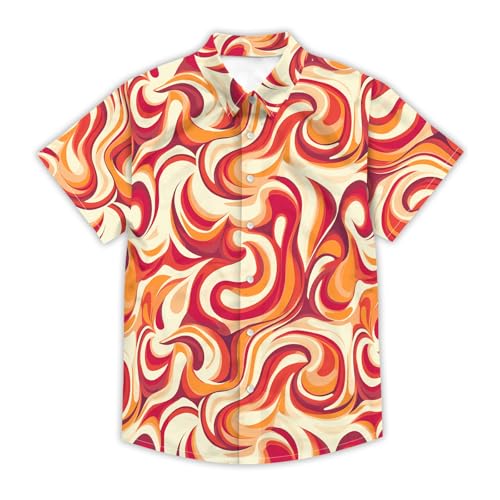 70s Mens Funny Hawaiian Shirt Retro Pattern Beach Tropical Short Sleeve Holiday Aloha Shirt Casual Button Down Shirt Orange