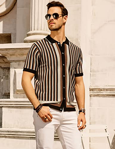 Old Men Striped Knit Polo Shirts Regular Fit 1970s Retro Shirt Casual Collared Italian Stylish Polos Short Sleeve Tops Black-Coffe