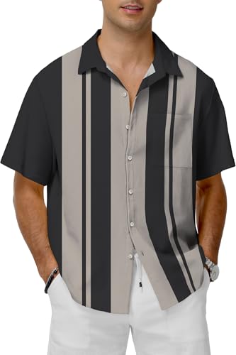 KYKU Bowling Shirt Short Sleeve Button Down Men Vintage Shirt 1950s Men's Clothing Grey XL
