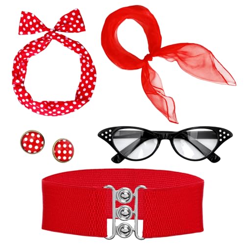 Fumwase 5PCS 1950s Costume Accessories for Women Earring Scarf Cat Eye Glasses Headband Waistband for Hallowmas (Red)