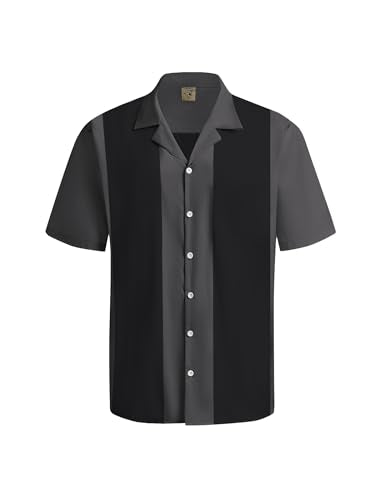 Hardaddy Men's Vintage Bowling Shirt 1950s Short Sleeve Casual Button Down Summer Beach Camp Collar Shirts Gray XL