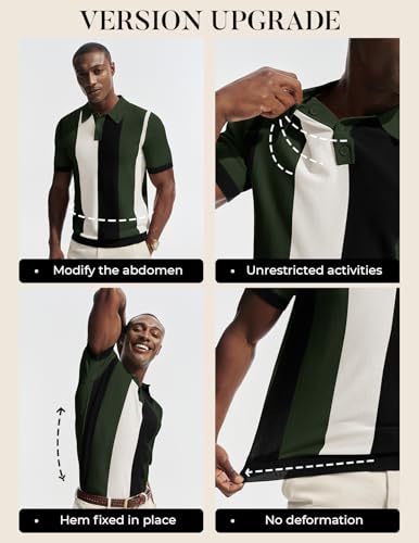 PJ PAUL JONES Knit Polo Shirts for Men Short Sleeve Retro Stripe Polo 70s Casual Golf Shirt Summer Beach Tops Green M