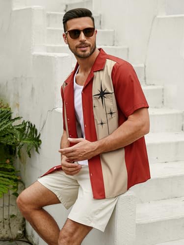 Hardaddy Men's Vintage Bowling Shirt 1950s Short Sleeve Casual Button Down Summer Beach Camp Collar Shirts Crimson XL