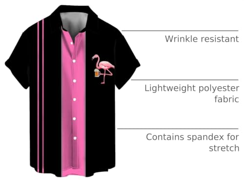 Bowling Shirts for Men Vintage Flamingo Beer Print Short Sleeve Casual Button Down Beach Shirts