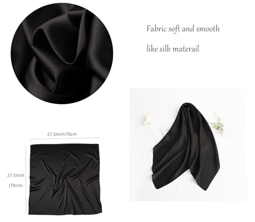 CHUNG Women's Scarf Satin Solid Color Fashion Girls Scarves bandana 50s Retro Emulation Silk Handbag Hair Ribbons Handkerchief Necktie Square 27.5",Black