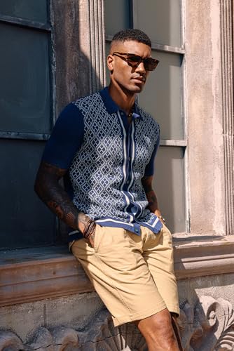 Men's Polo Shirts 70s Vintage Shirts Contrast Knitted Polo Shirts Mens Knitted Polo Shirt Navy