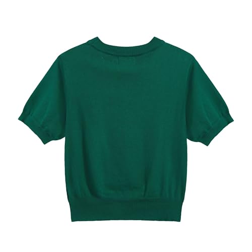 OXKNIT Women's Green Knitted T-Shirt, Retro Animal Pattern Crewneck Cotton Short Sleeve- Cropped Length